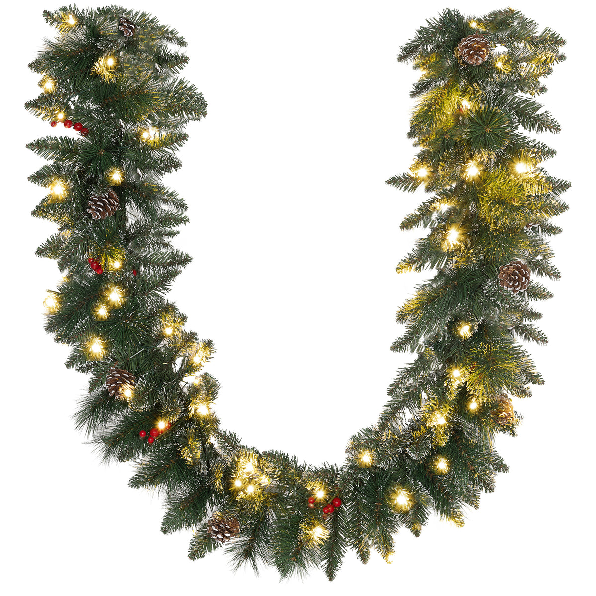 Guirlande de Noël artificielle lumineuse de 1,8 m avec pommes de pin, grappes de baies, 50 lumières LED et minuterie-0