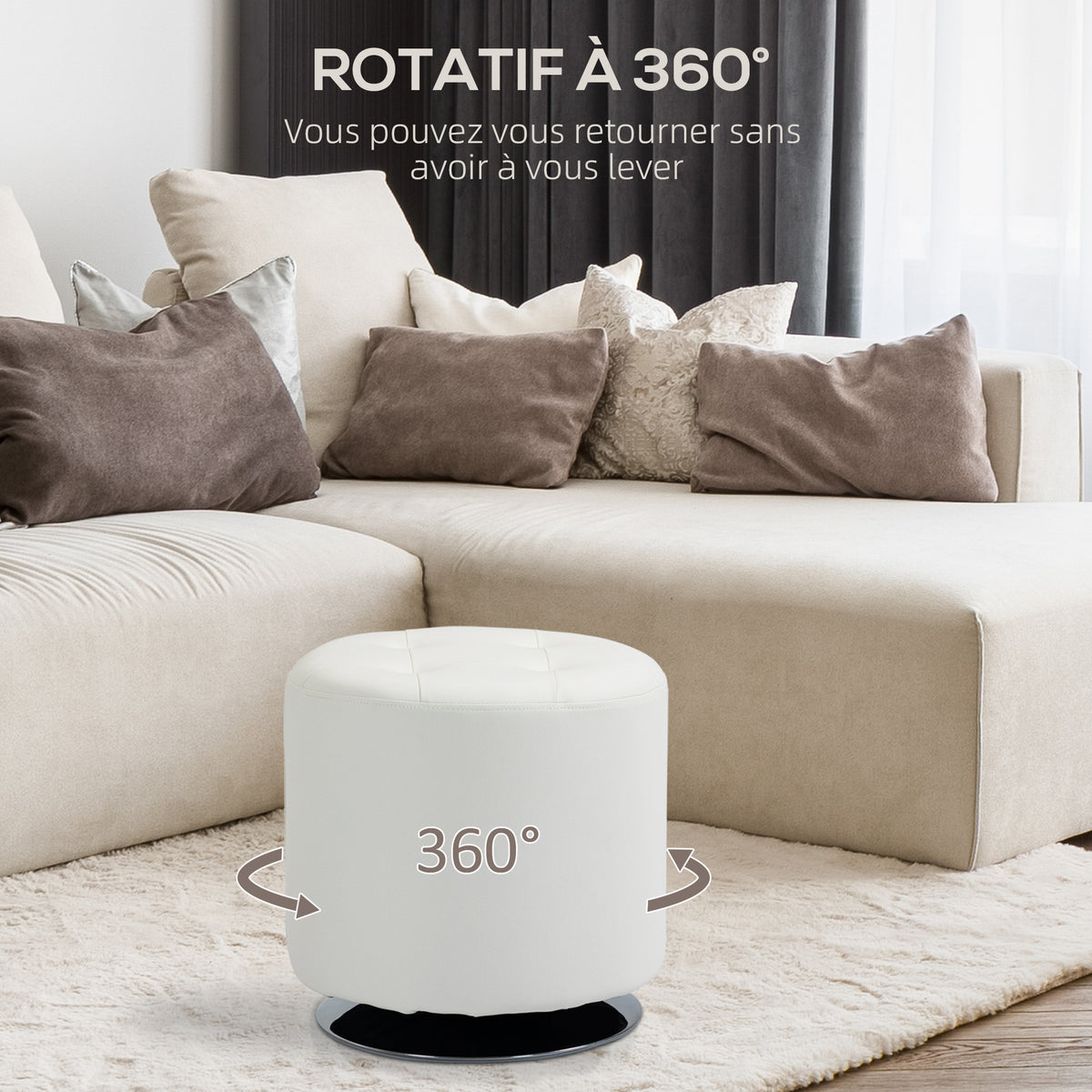 Repose pied salon pivotant à 360°, ottoman rond rembourré en PU avec base en acier, Ø 45,5 x 44,5 cm, blanc-3