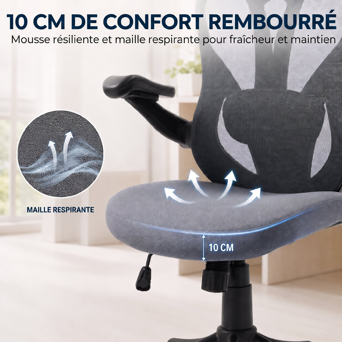 Chaise Bureau Ergonomique avec Accoudoirs 3D et Appui-Tête 2D, Fauteuil de Bureau en Maille, Support Dorsal, Gris-5