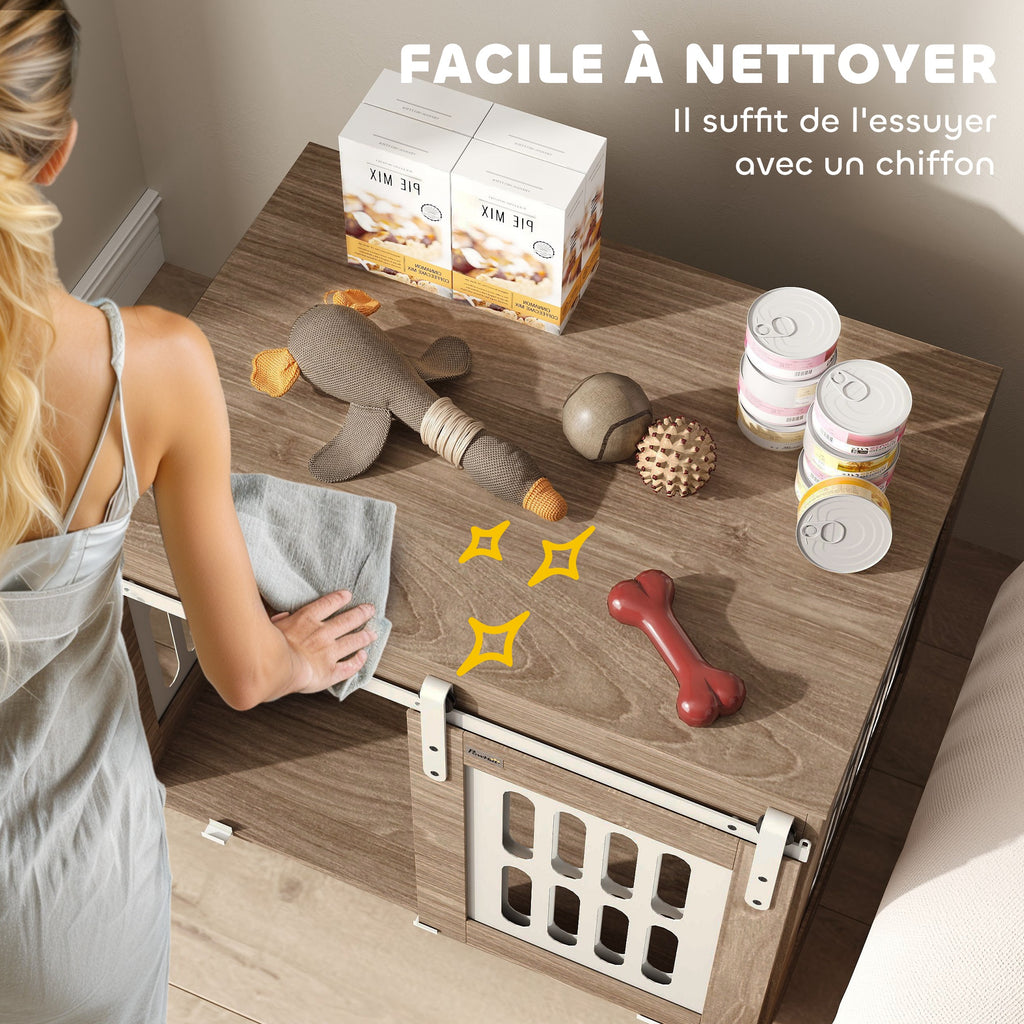 Meuble cage pour chien avec porte coulissante, maison pour chien de moyenne, table d'appoint, 80 x 59 x 63 cm, noyer-6