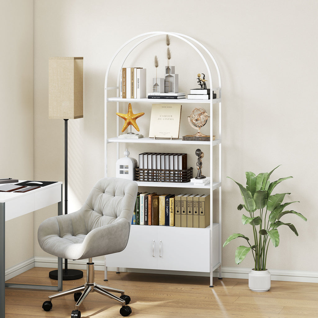 Étagère de rangement, bibliothèque arquée à 4 niveaux avec placard double porte, 80 x 30 x 187 cm, blanc-6