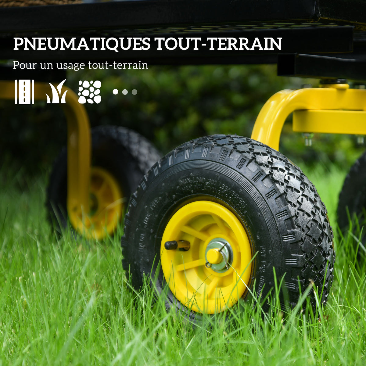 Chariot de transport jardin remorque à main charrette à bras 4 roues 94 x 48,5 x 100 cm charge max. 150 Kg métal jaune-4