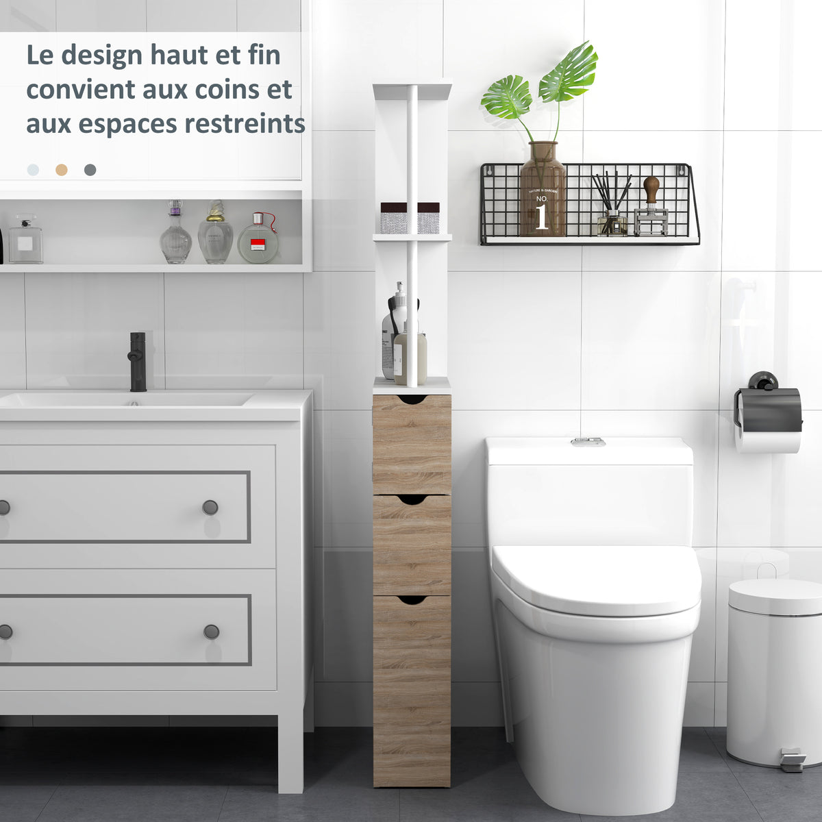 Meuble colonne salle de bain armoire de salle de bain avec tiroirs étagères ouvertes placard 15 x 33 x 136,8 cm blanc-4