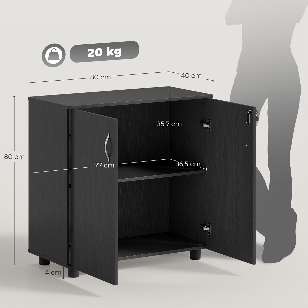 Armoire de Bureau à 2 Niveaux, Meuble de Rangement Bureau avec 2 Portes, Serrures et Clés, 80x40x80cm, Noir-2