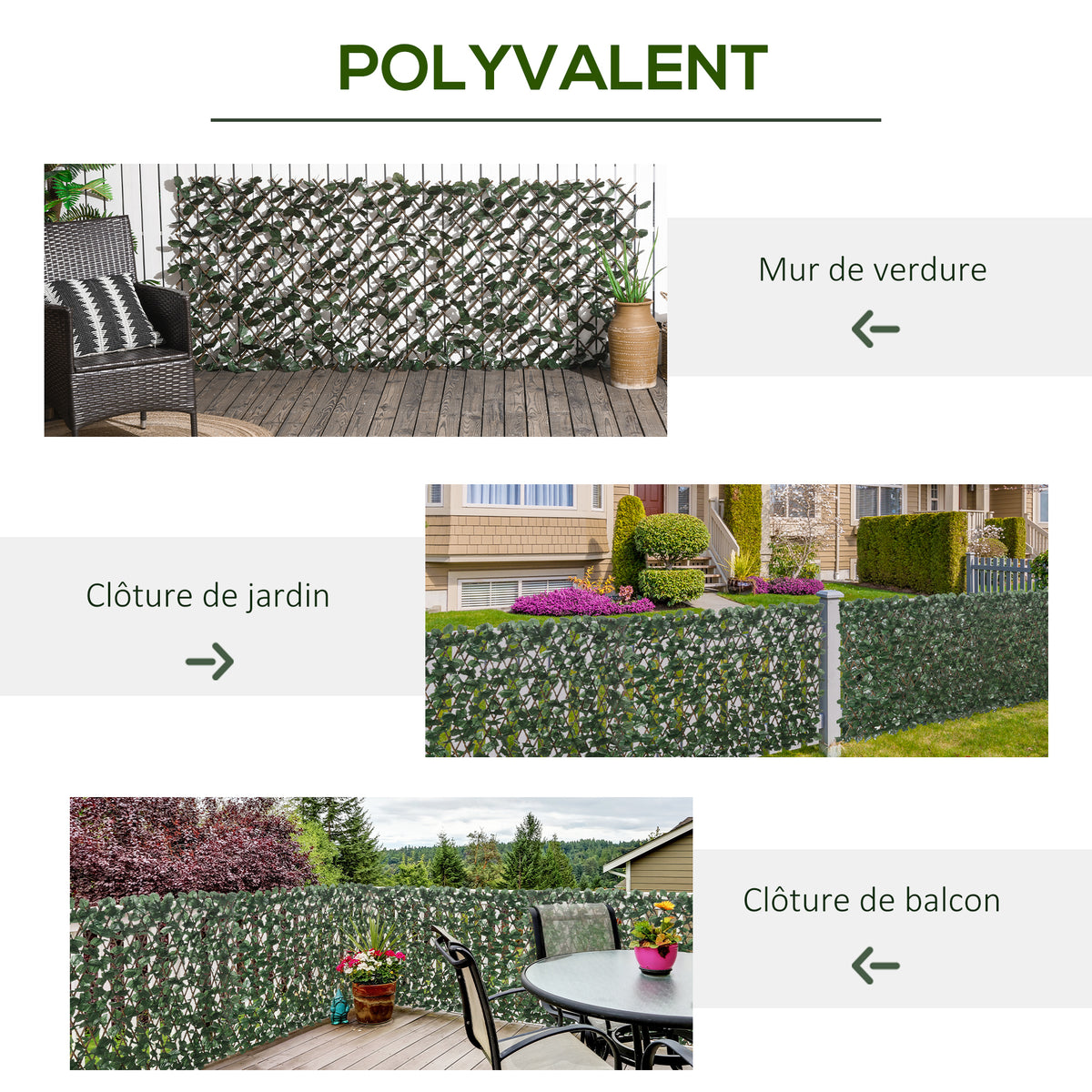 Haie artificielle feuilles murale brise-vue 2 panneaux longueur ajustable 295 x 70 cm treillis extensible en PE vert-6