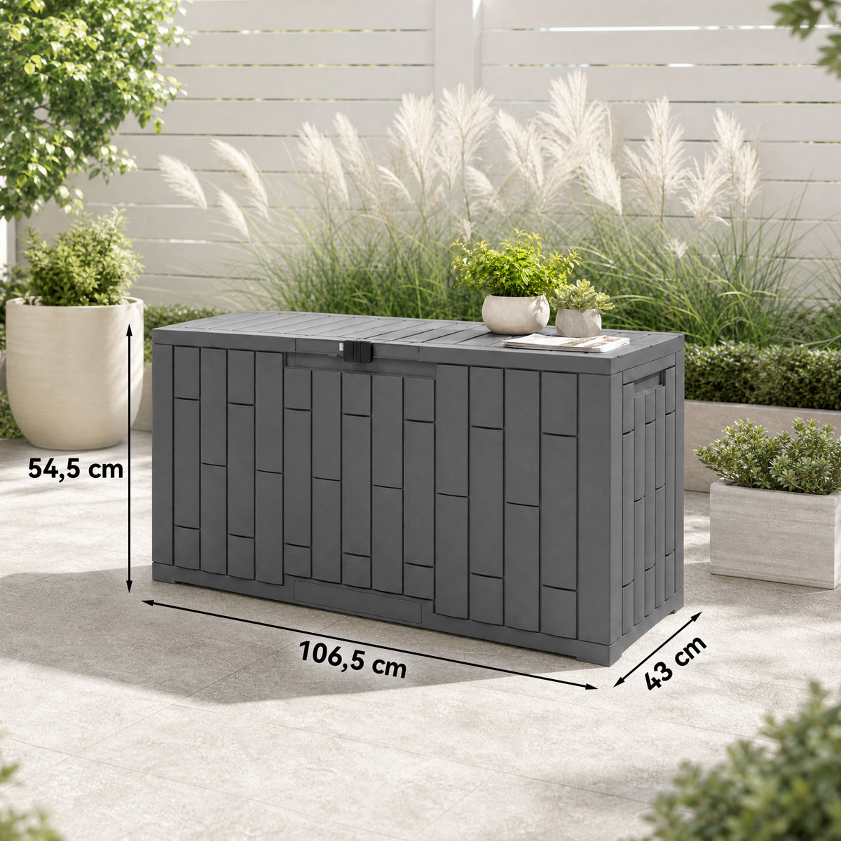 Coffre de Rangement Extérieur 227 L Verrouillable avec Vérin à Gaz, Aspect Bois, 106,5x43x54,5cm, Gris-2