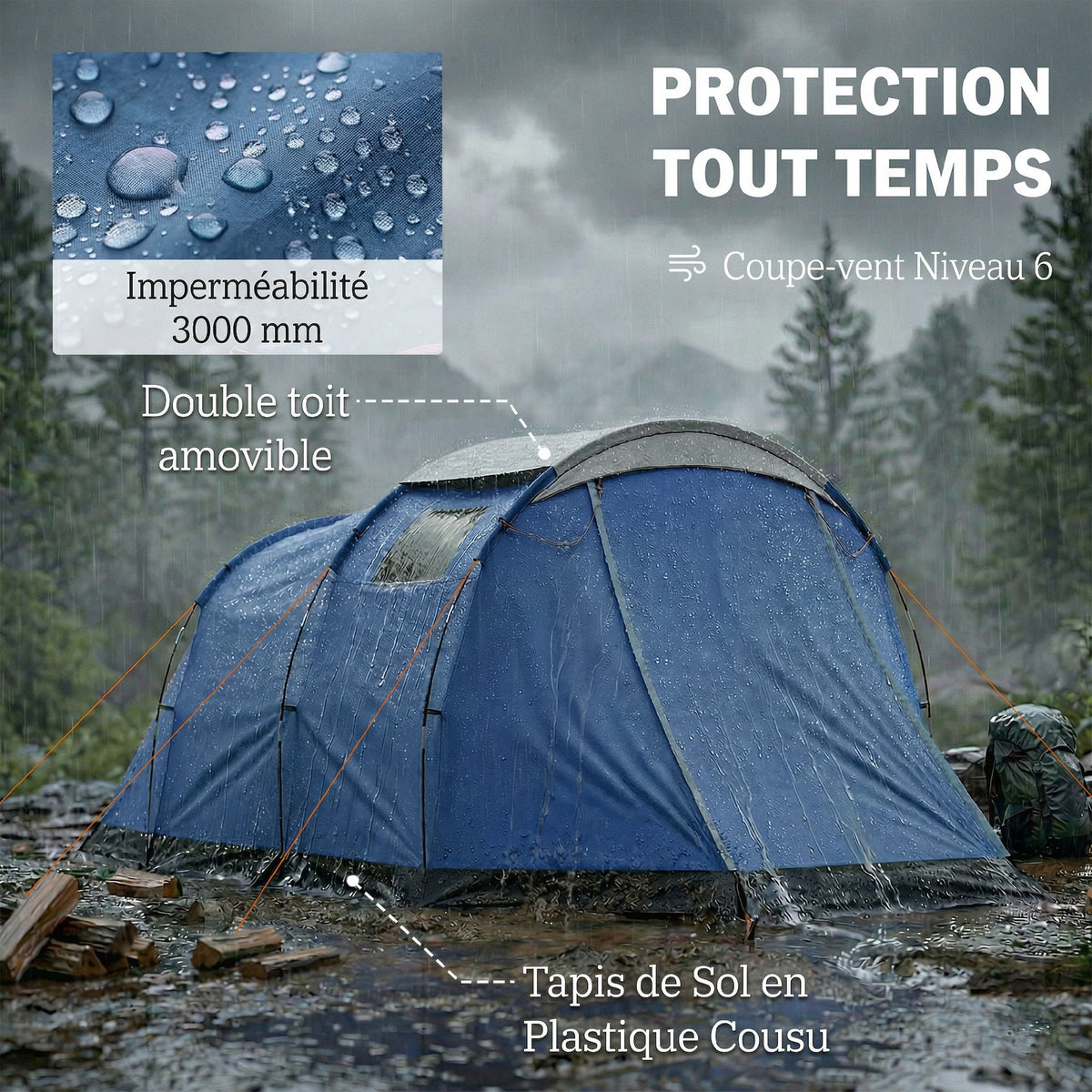 Tente de Camping Tunnel pour 4 Personnes Imperméable 3000mm Double Couche Hauteur 190cm Bleu Foncé-4