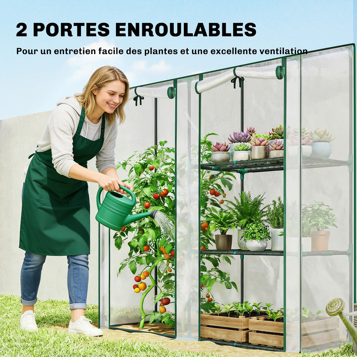 Serre de Jardin avec étagères 3 niveaux, Petite Serre en Bâche PVC et Châssis Acier, 2 Portes Roulantes, Transparent-4