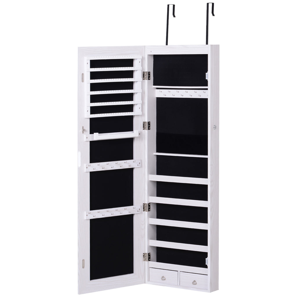 Armoire à bijoux suspendue au mur ou à la porte avec miroir, LED, 5 étagères, 2 tiroirs, 37x10x120cm, effet bois grisé-0
