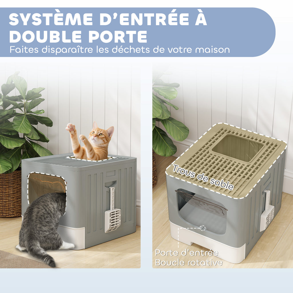 Maison de Toilette pour Chat, Tiroir Coulissant, Couvercle, 2 Portes Réglables, Pelle, Détachable, 48x38x38,5cm, Gris-6