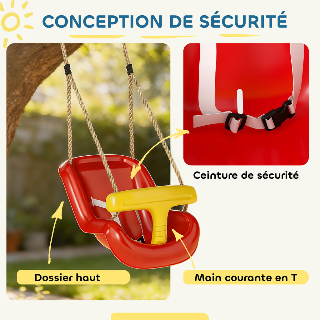 Balançoire pour enfants, balançoire bébé extérieure, dossier haut, barre de sécurité, hauteur ajustable, rouge et jaune-4