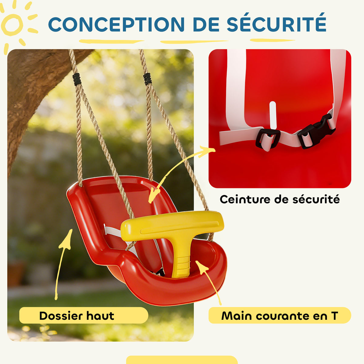 Balançoire pour enfants, balançoire bébé extérieure, dossier haut, barre de sécurité, hauteur ajustable, rouge et jaune-4
