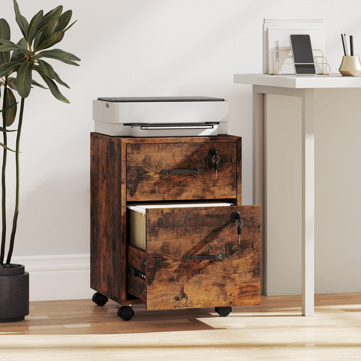 Caisson bureau mobile à 2 tiroirs, meuble rangement bureau sur roulettes pour documents suspendus format lettre, marron-9