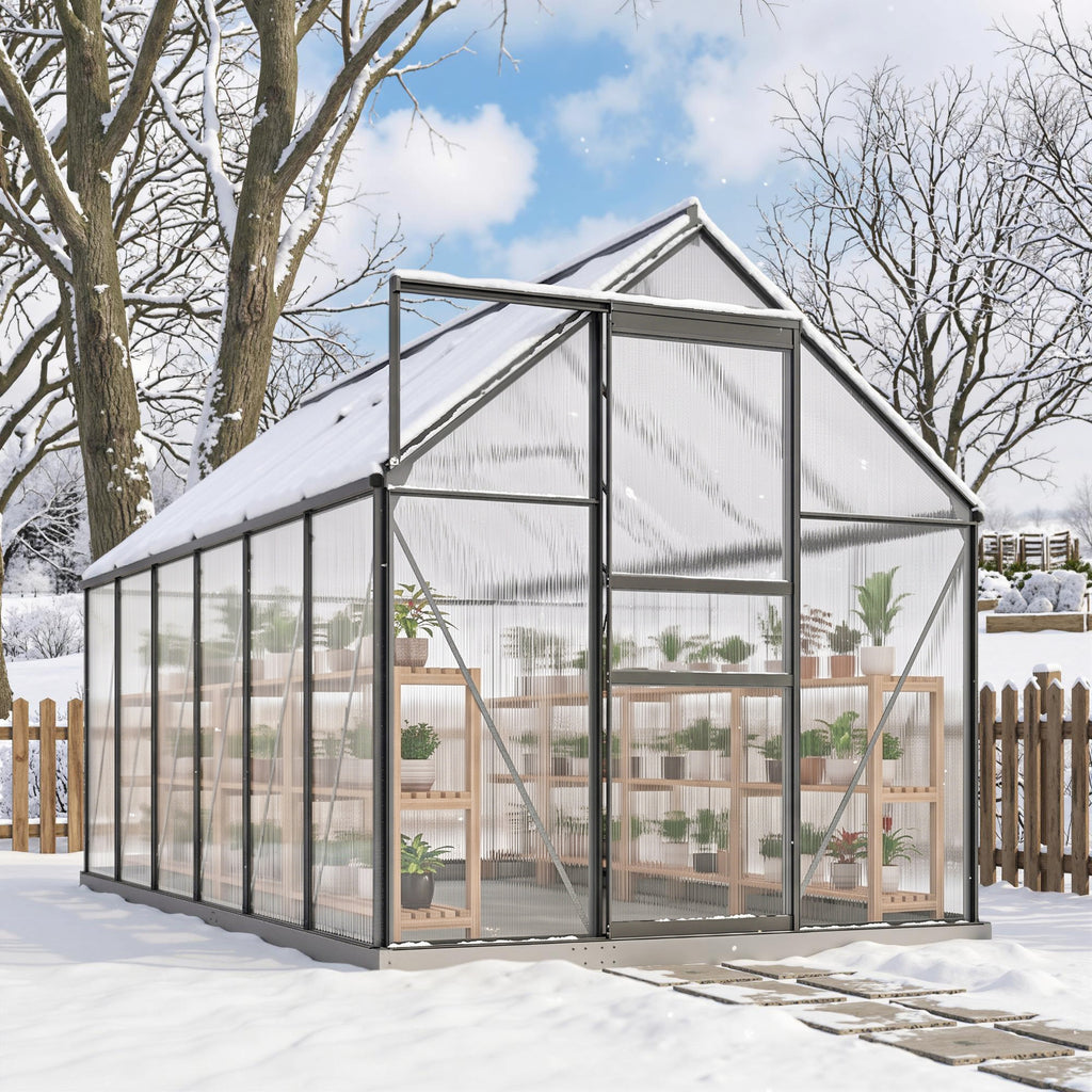 Serre de jardin en aluminium polycarbonate avec fondation, serre avec fenêtre réglable porte coulissante 190x375x199cm-7