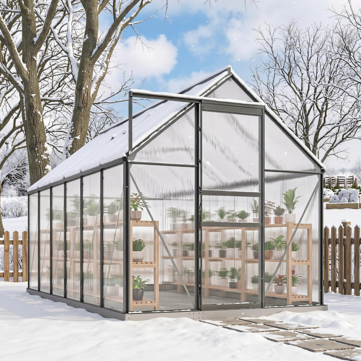 Serre de jardin en aluminium polycarbonate avec fondation, serre avec fenêtre réglable porte coulissante 190x375x199cm-7