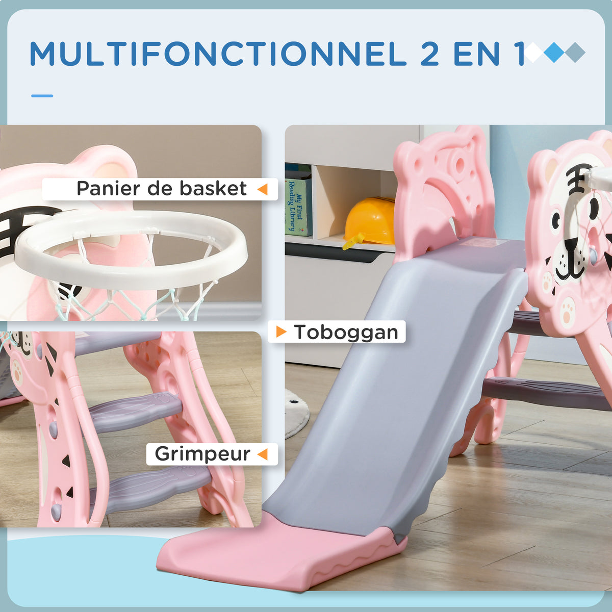 Toboggan pour enfants, toboggan intérieur pour enfants, avec panier de basket, thème tigre, de 18 à 36 mois, rose-3