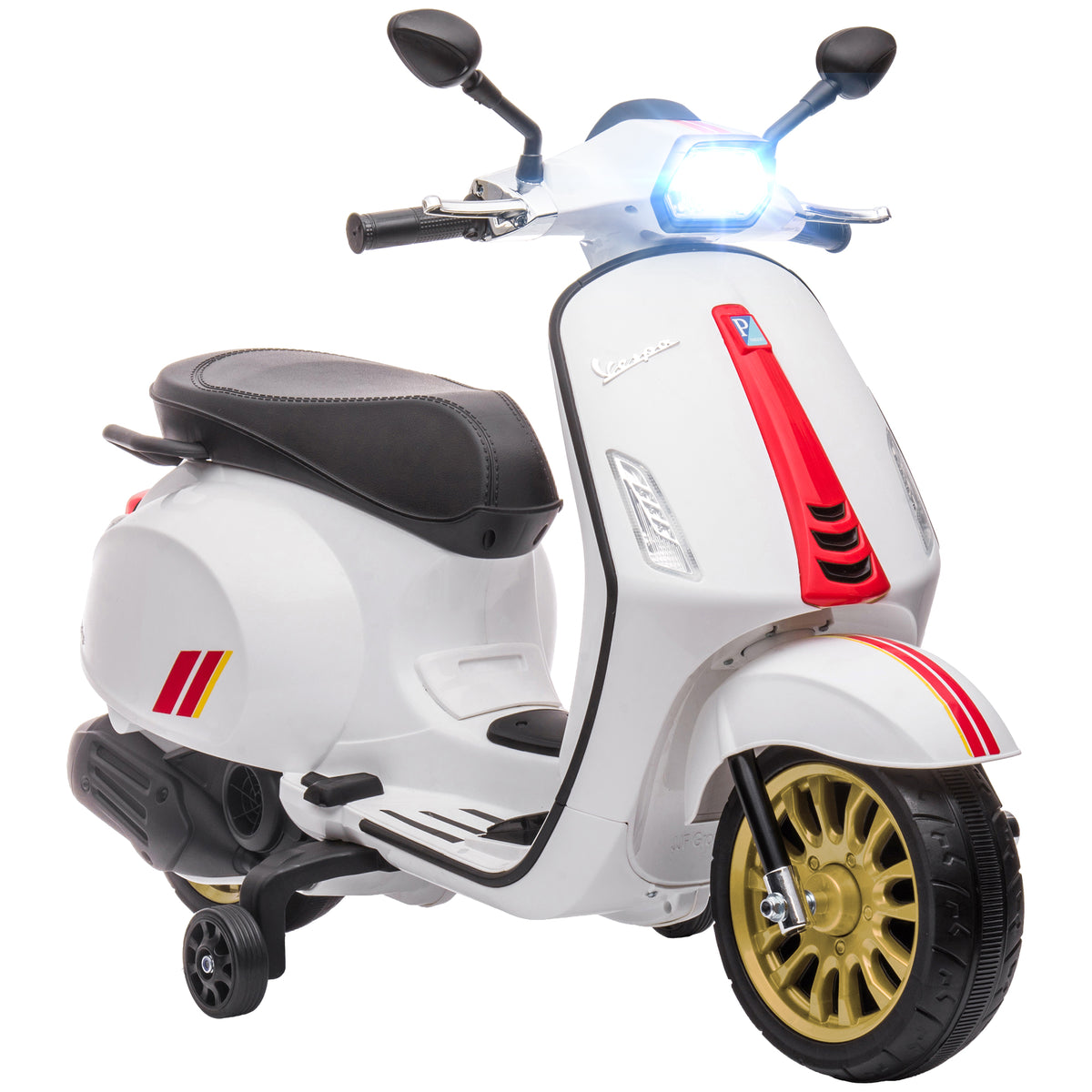 Scooter électrique enfant Vespa 6 V dim. 107L x 47l x 73H cm Musique MP3 Port USB Phare 2 roues d'entraînement - Blanc-0