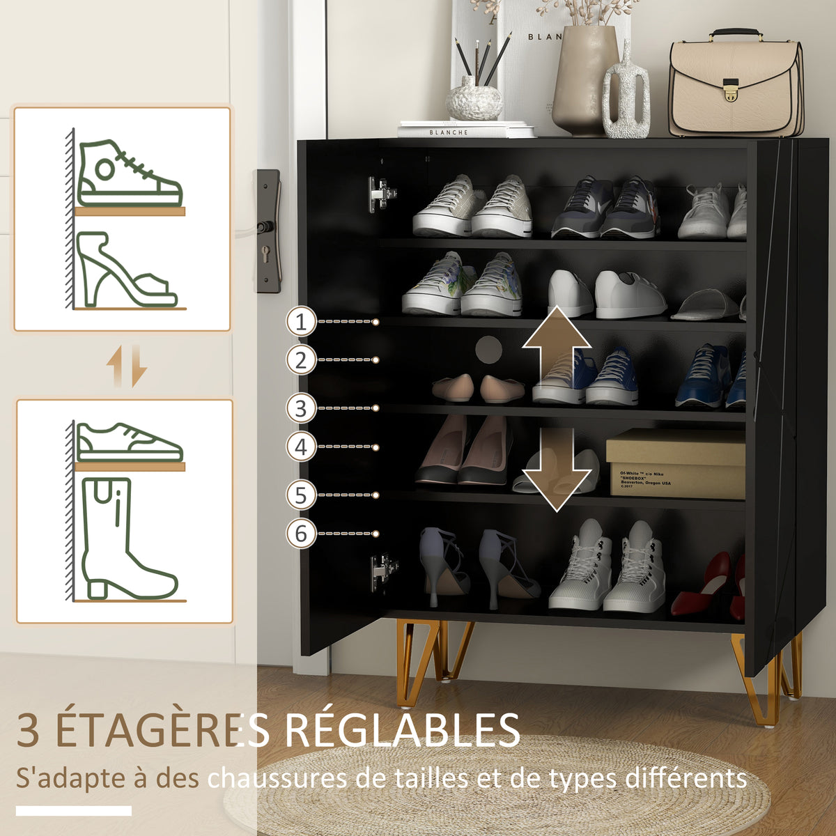 Meuble à chaussures meuble de rangement à chaussures 2 portes étagères réglables 72 x 31,5 x 95 cm noir laqué-3