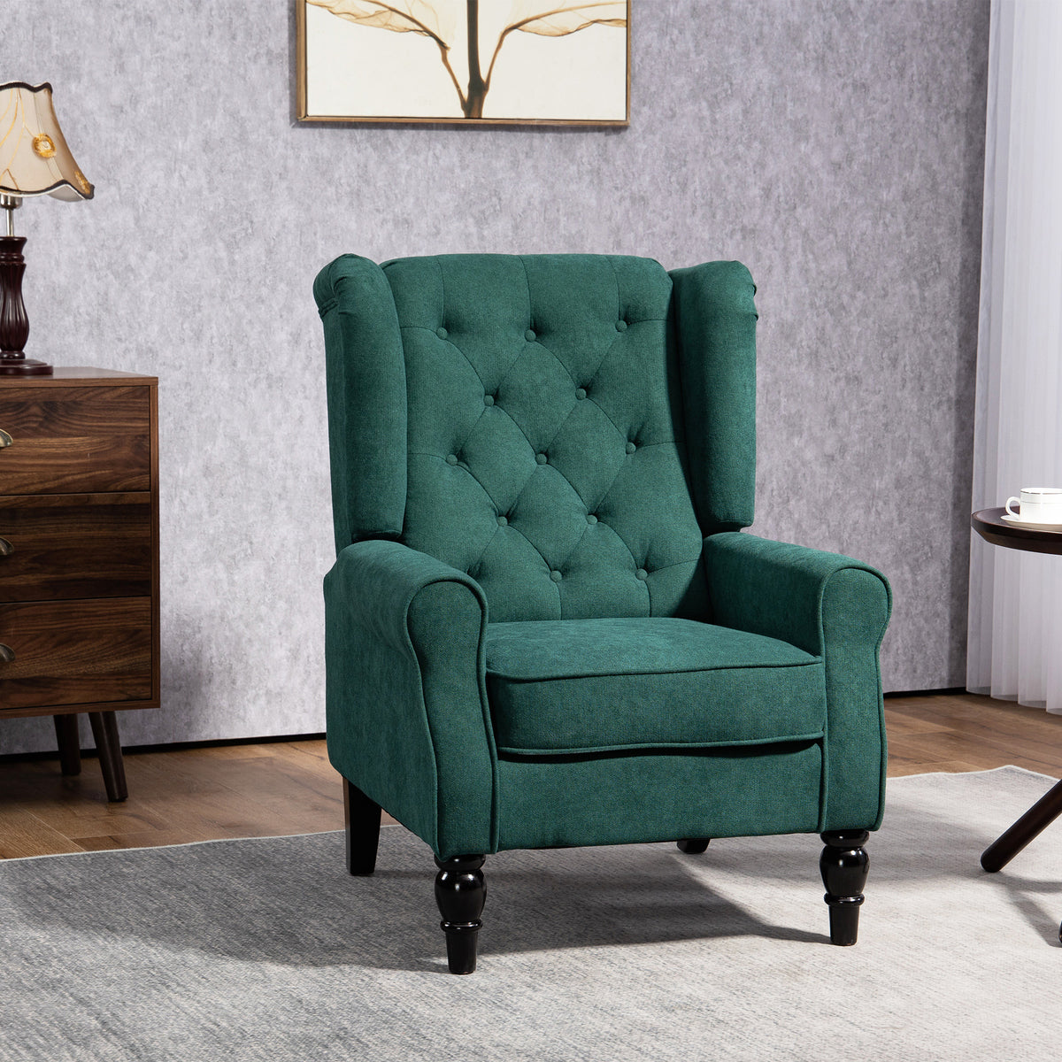 Fauteuil de salon capitonné avec assise large, pieds en bois, style classique, grand confort, 74 x 86 x 102 cm, vert-1
