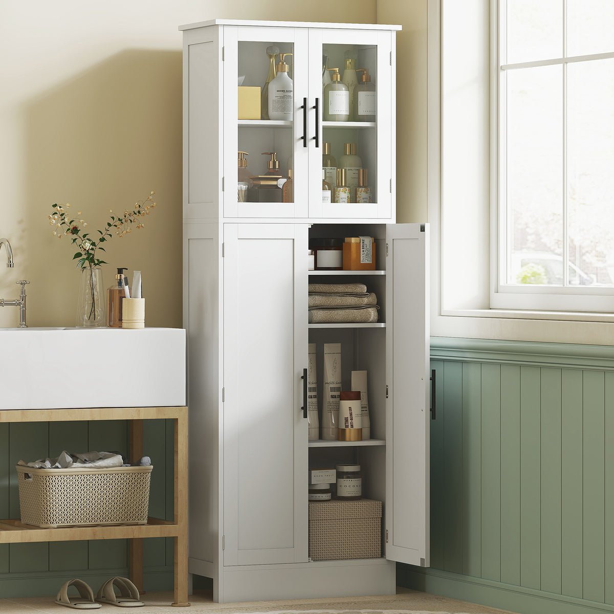 Meuble de salle de bain haut 6 niveaux, meuble de rangement avec 4 portes dont 2 vitrées et étagères réglables, blanc-1