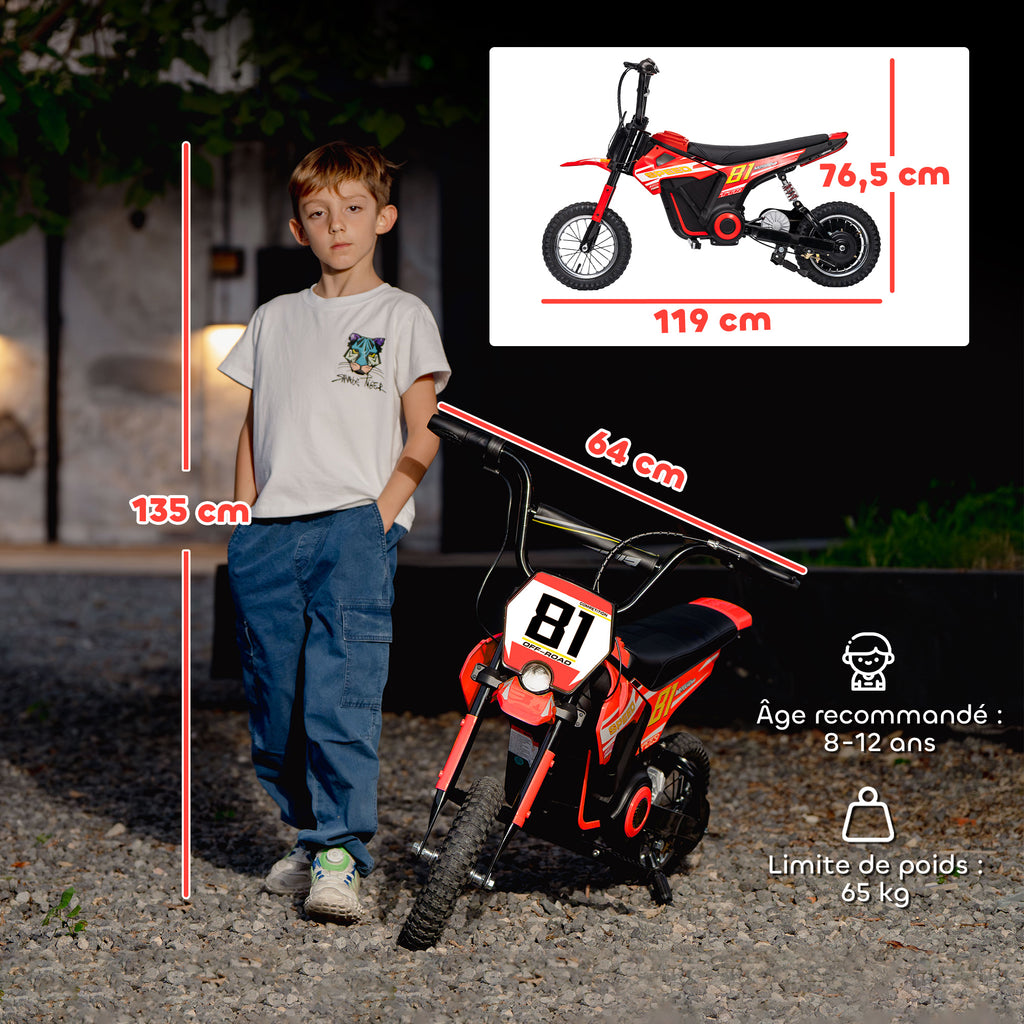 Moto électrique enfants 24V, moteur 250W, vitesse 6,4-16 km/h, pour enfants 8-12 ans, suspension arrière, rouge-2