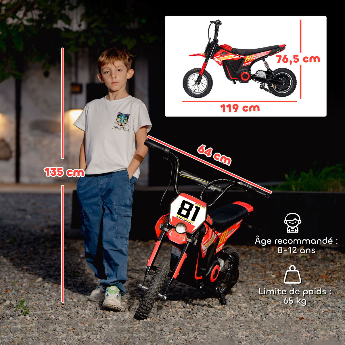 Moto électrique enfants 24V, moteur 250W, vitesse 6,4-16 km/h, pour enfants 8-12 ans, suspension arrière, rouge-2