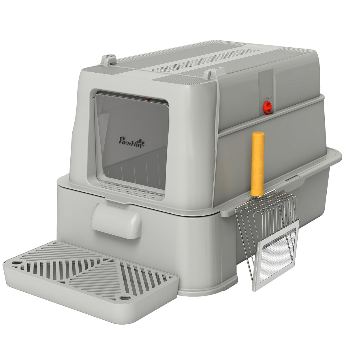 Bac à Litière pour Chat 80L en Inox avec Couvercle Rabattable à 180°, Tiroir Coulissant, Pelle, 63x43x43cm, Gris Clair-0