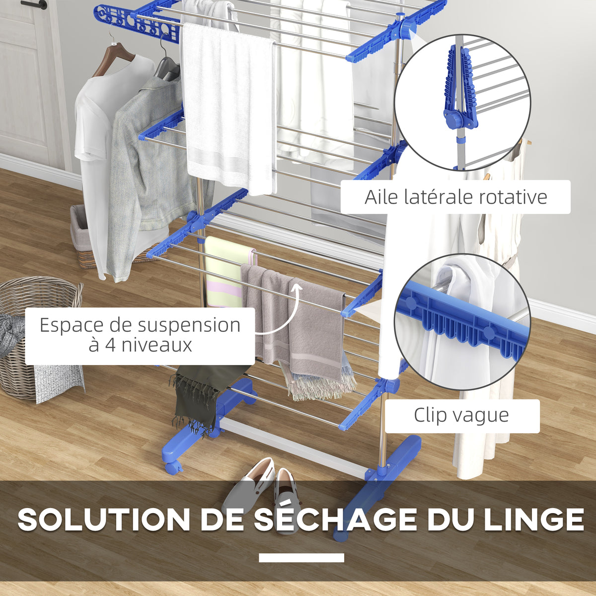 Séchoir à Linge étendoir pliable ailes latérales utilisation intérieure et extérieure 142 x 55 x 172 cm 4 niveaux bleu-4