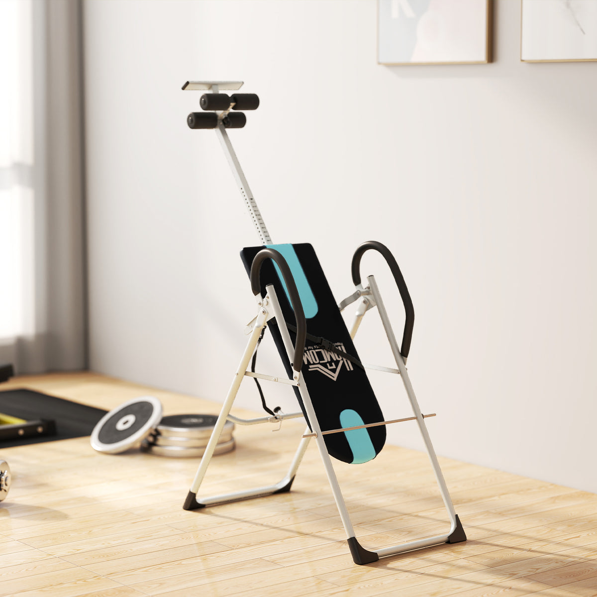 Table d'inversion de musculation pliable ceinture de sécurité réglable acier coloris argent noir-7