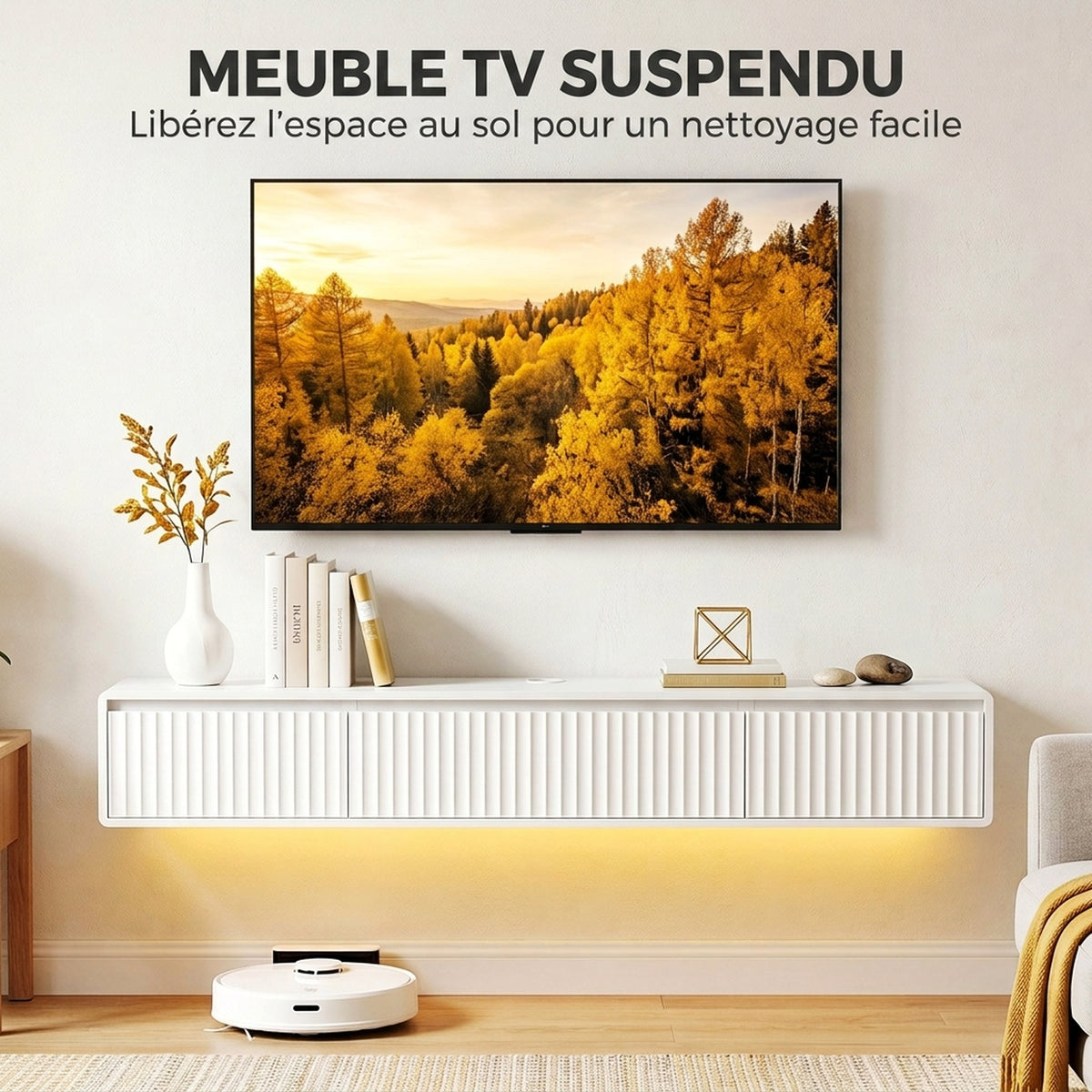 Meuble TV Suspendu Flottant 160 cm avec Éclairage LED et Prises, Meuble Télé pour Téléviseur 72 Pouces, Blanc-3