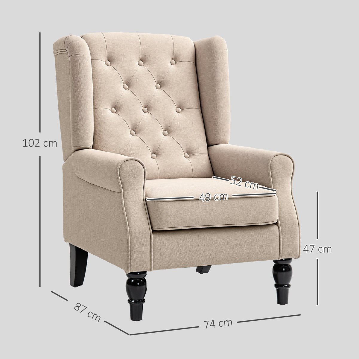 Fauteuil de salon capitonné avec assise large, pieds en bois, style classique, grand confort, 74 x 86 x 102 cm, beige-2