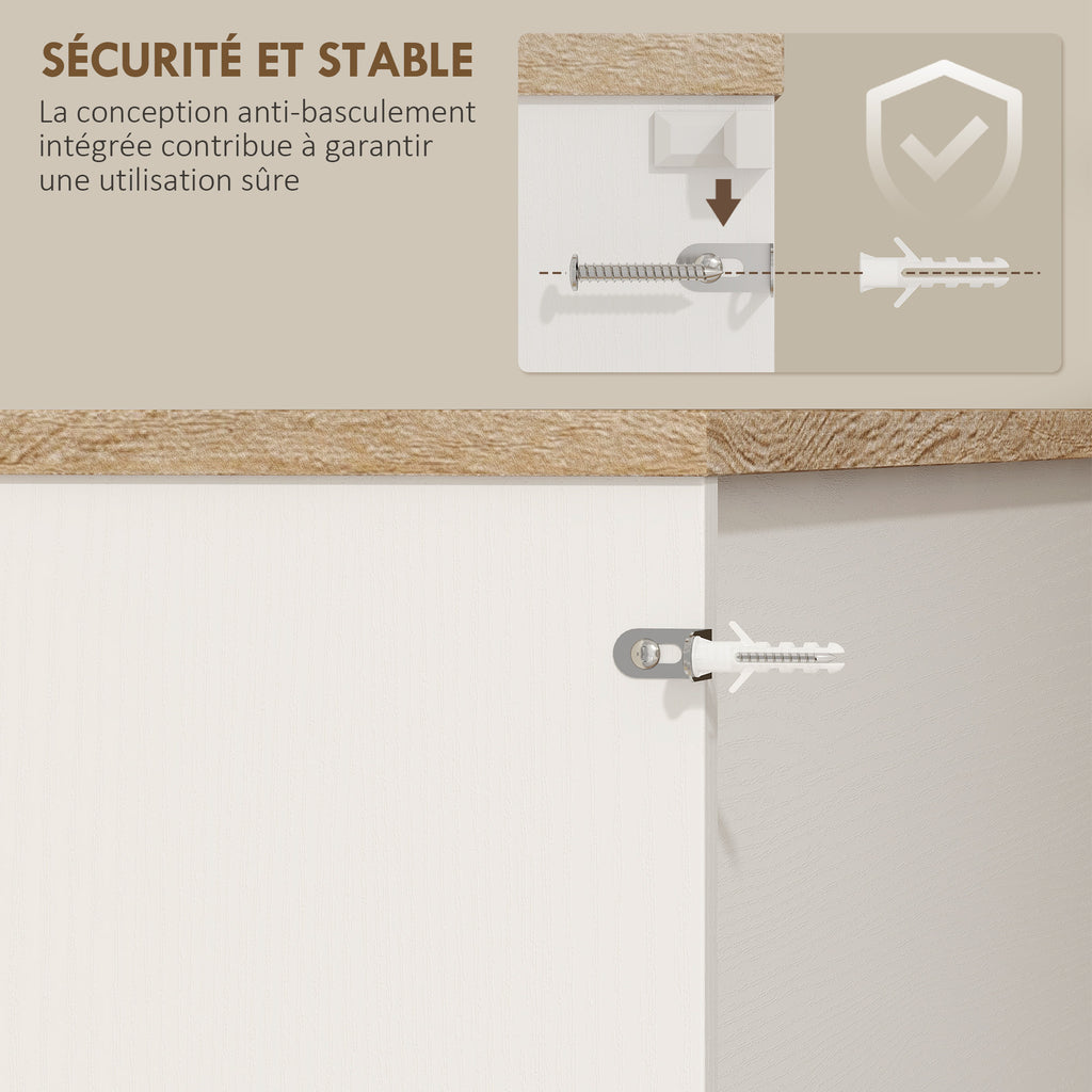 Buffet cuisine meuble cuisine rangement haut avec lumière LED RGB, plan de travail, 6 portes, 2 tiroirs, blanc-7