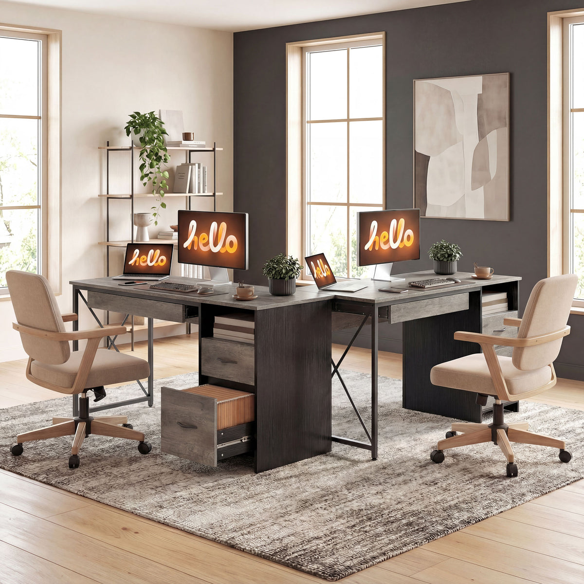 Bureau d'ordinateur, 120×50cm, bureau avec rangement, plateau clavier, compartiment ouvert et 2 tiroirs, gris-6