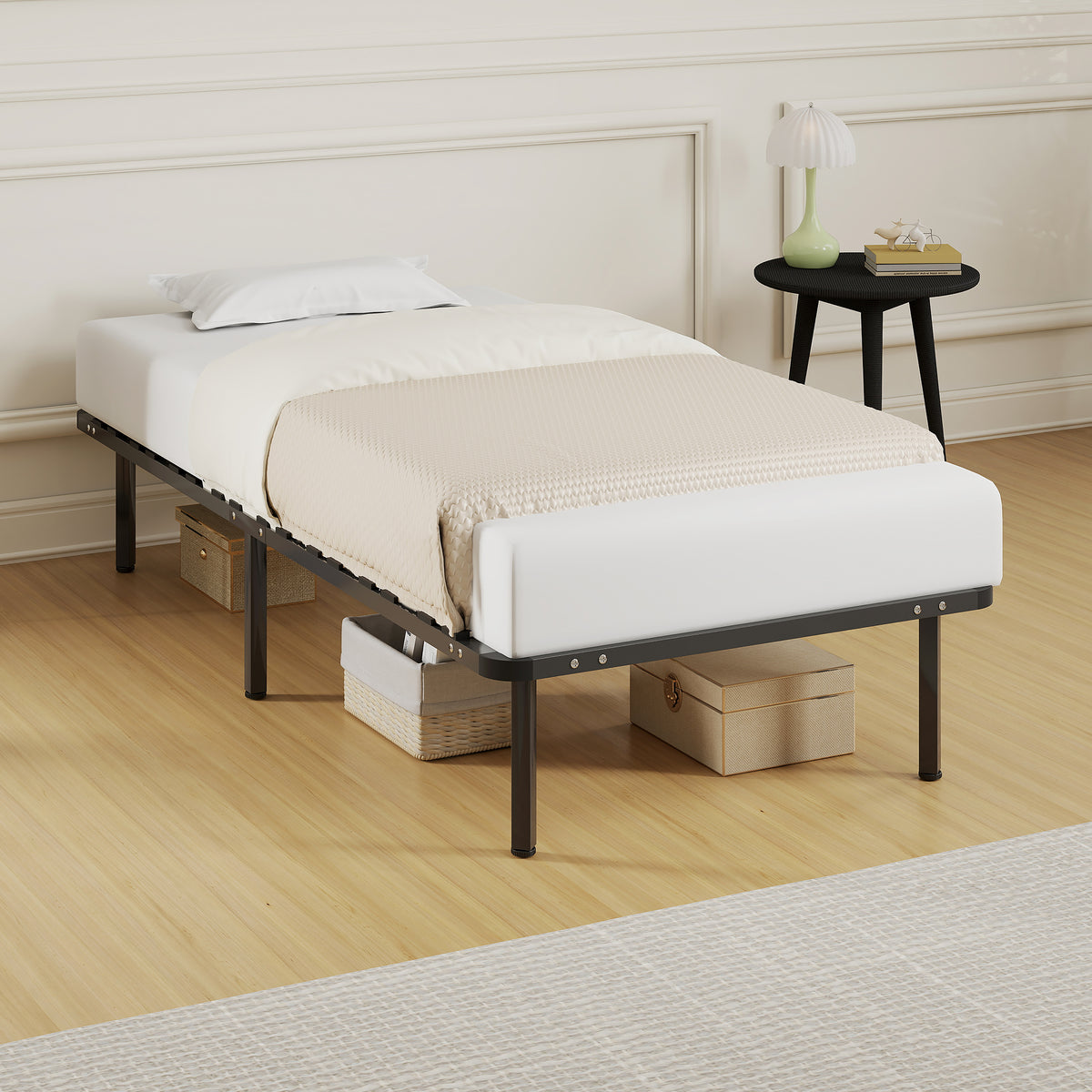 Cadre de lit 90 x 190 cm, lit simple avec sommier à lattes en bois massif et pied, avec rangement au-dessous, noir-9