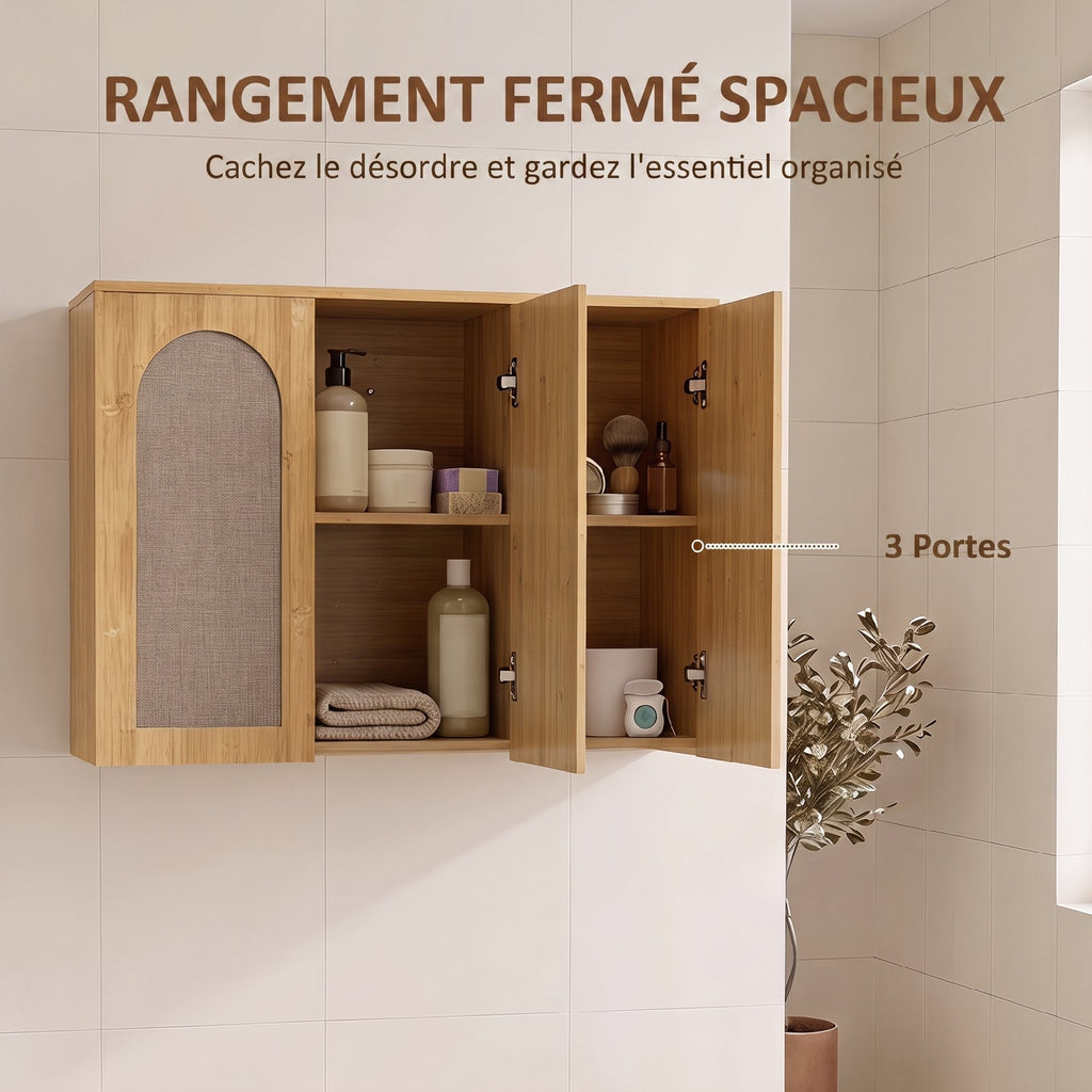 Armoire murale de salle de bain bohème avec 3 portes effet rotin à fermeture douce et étagère réglable, chêne-4