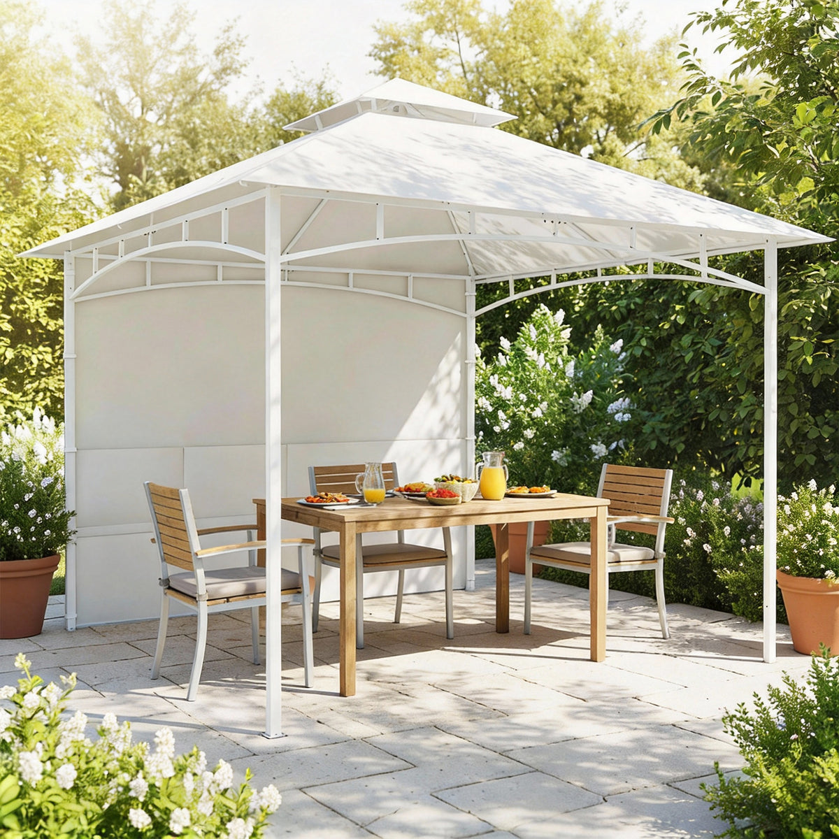 Pavillon Tonnelle de Jardin Toit Double Rideaux et Poches de Rangement Crochet de Plafond 3 x 3 m Crème-1