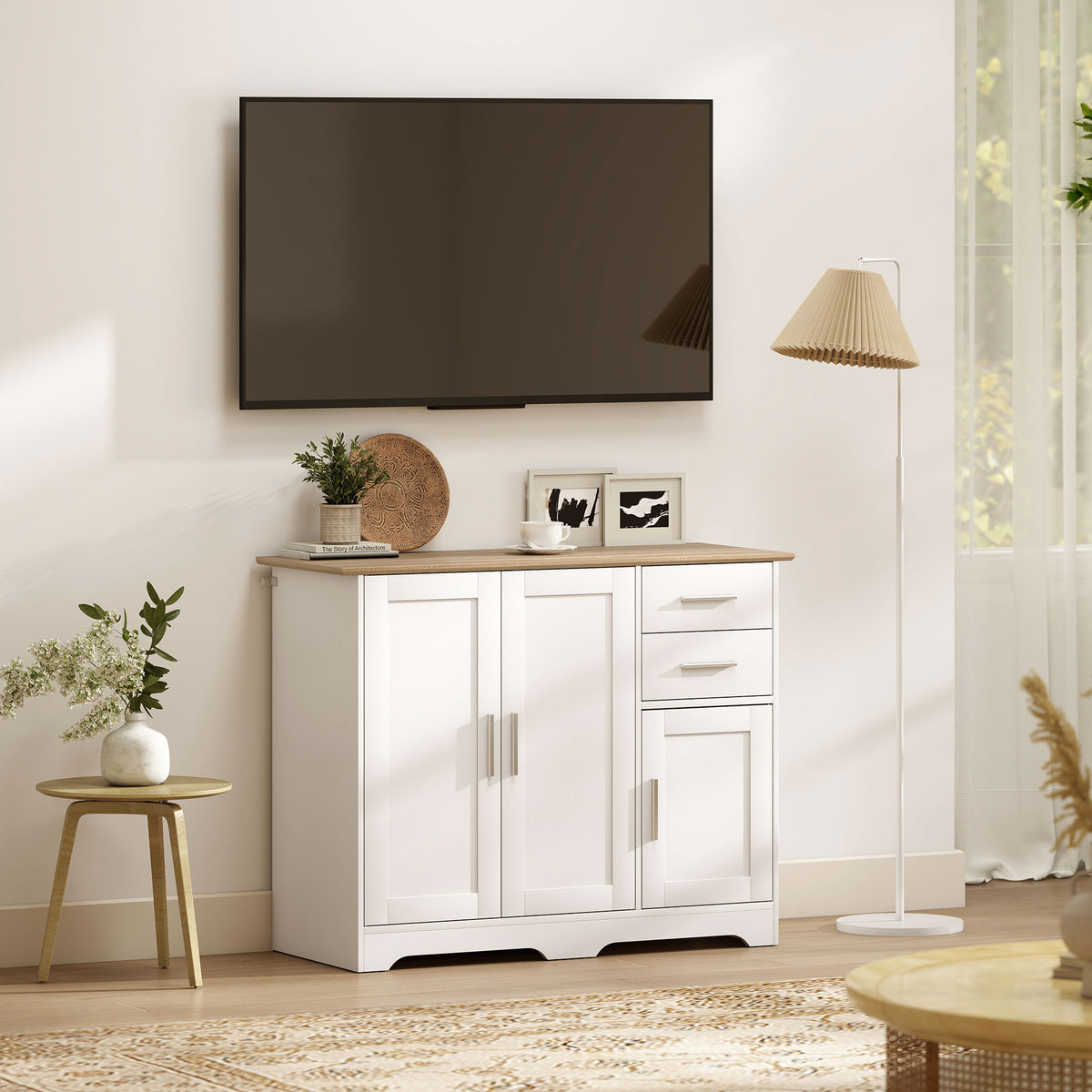 Buffet salon, meuble de rangement avec 2 tiroirs, 3 portes et étagère réglable, 100 x 40 x 78 cm, blanc et bois naturel-6