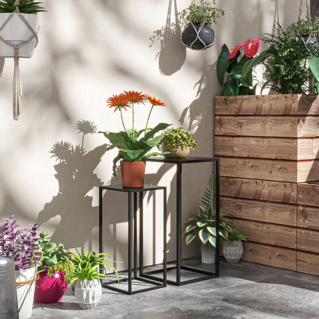 Lot de 2 supports pot de fleurs encastrables 2 hauteurs différentes 58,5 et 65 cm - acier noir-1
