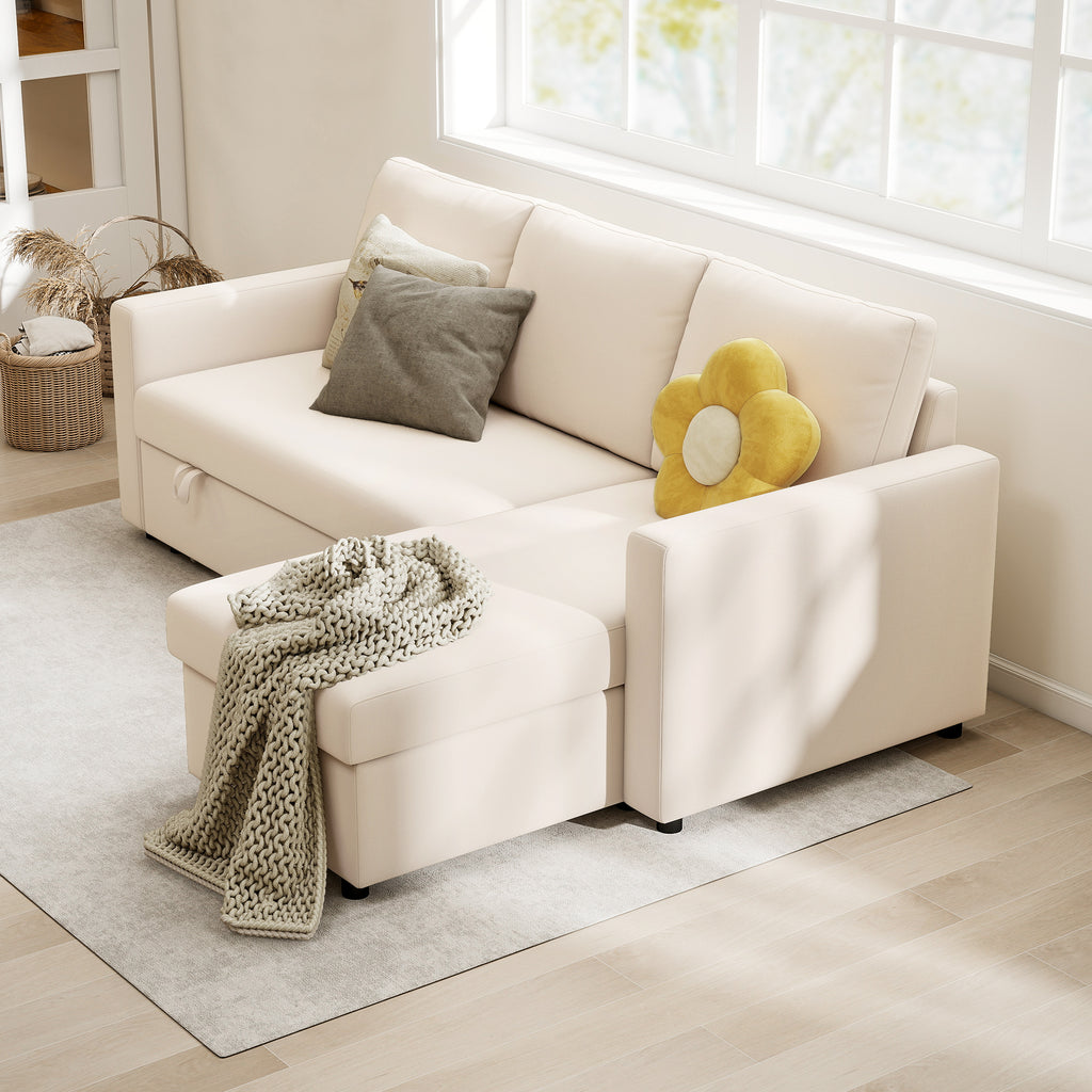 Canapé d'angle convertible modulable avec méridienne réversible, coffre de rangement et 3 coussins de dossier, crème-9