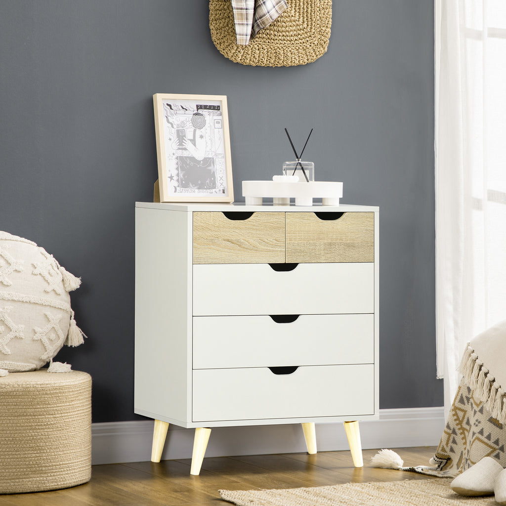 Commode 5 tiroirs meuble de rangement 4 pieds biseautés - bois, 60 x 40 x 77,5 cm, blanc-1