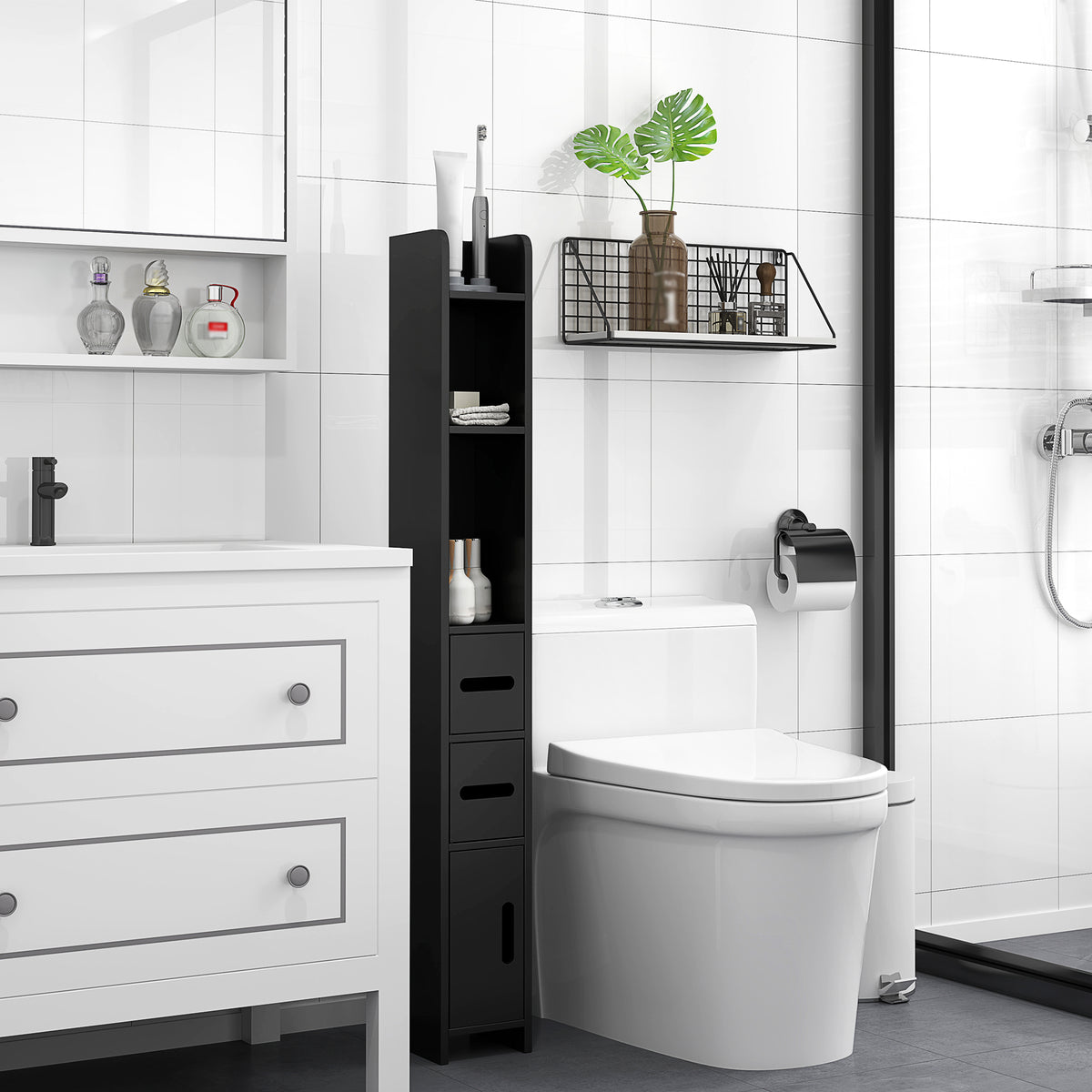 Meuble colonne de salle de bain armoire toilette haute avec étagères et placards - 15 x 17 x 120 cm noir-1