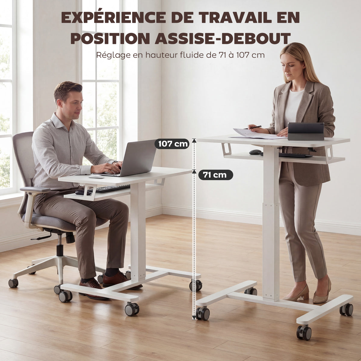 Bureau Assis-Debout Réglable en Hauteur, Bureau Mobile avec Plateau pour Clavier, Roulettes et Cadre en Acier, Blanc-3