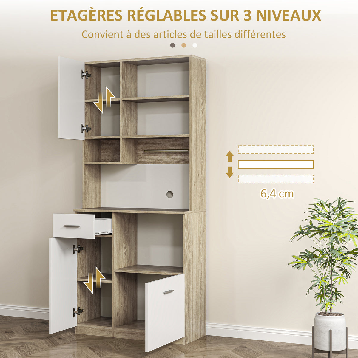 Armoire de cuisine haute, meuble de rangement moderne avec étagères réglables, tiroir, blanc et aspect bois-4