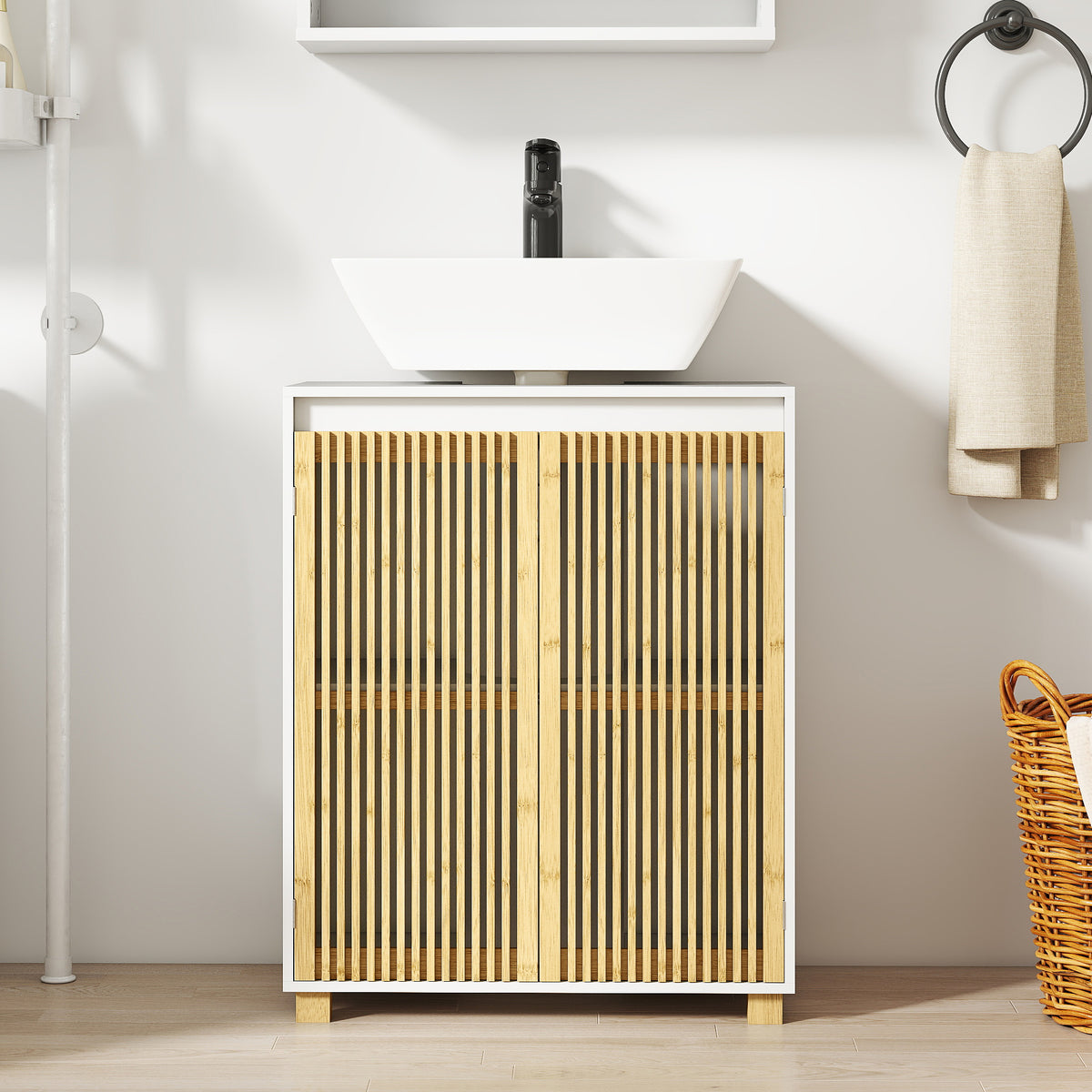 Meuble sous lavabo salle de bain - placard à portes à lattes en bambou, 60 x 30 x 75 cm, effet bois naturel-8