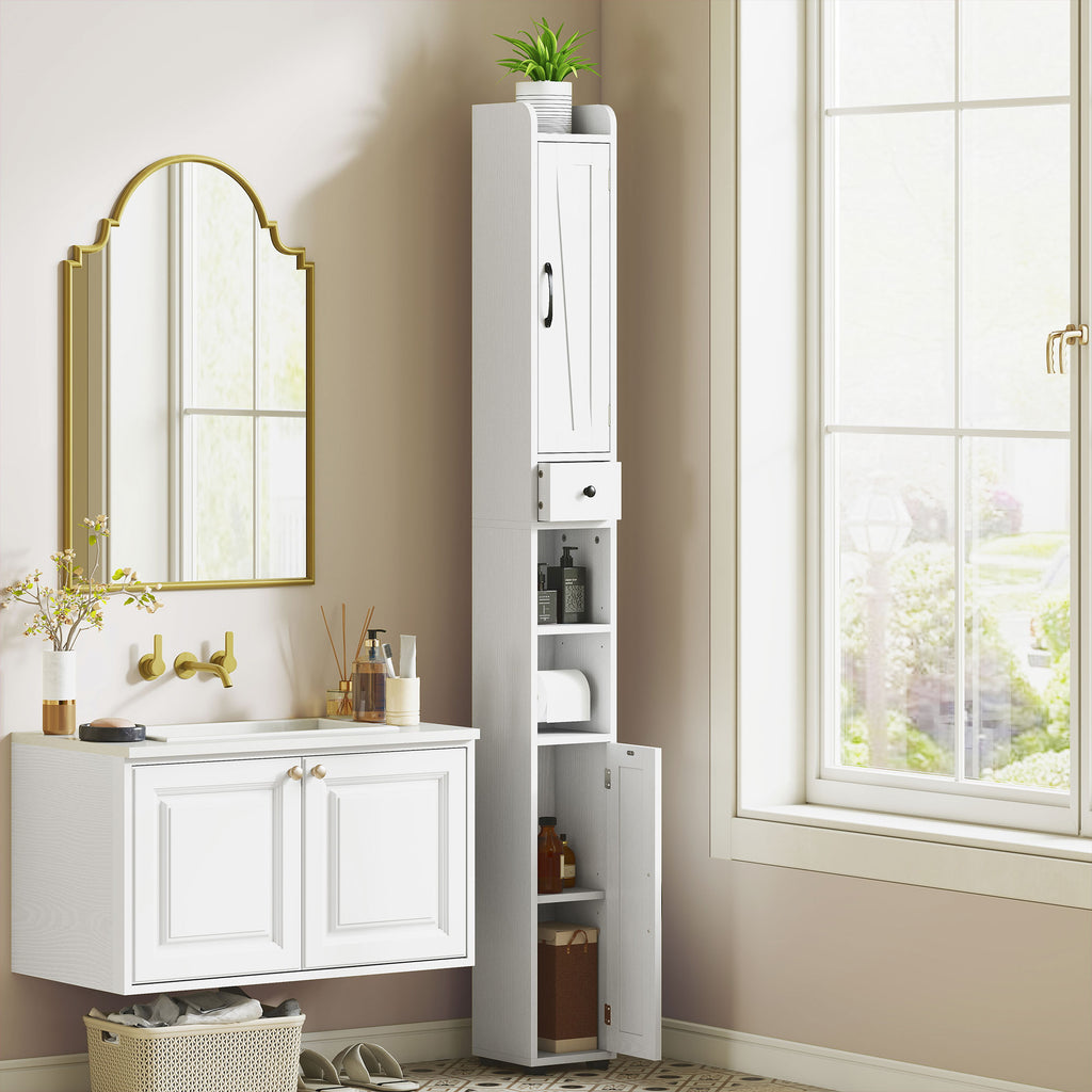 Armoire salle de bain haute, meuble de rangement colonne, 2 portes, tiroir, étagères réglables, 20x20x185cm, blanc-9