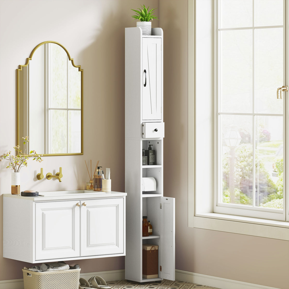 Armoire salle de bain haute, meuble de rangement colonne, 2 portes, tiroir, étagères réglables, 20x20x185cm, blanc-9