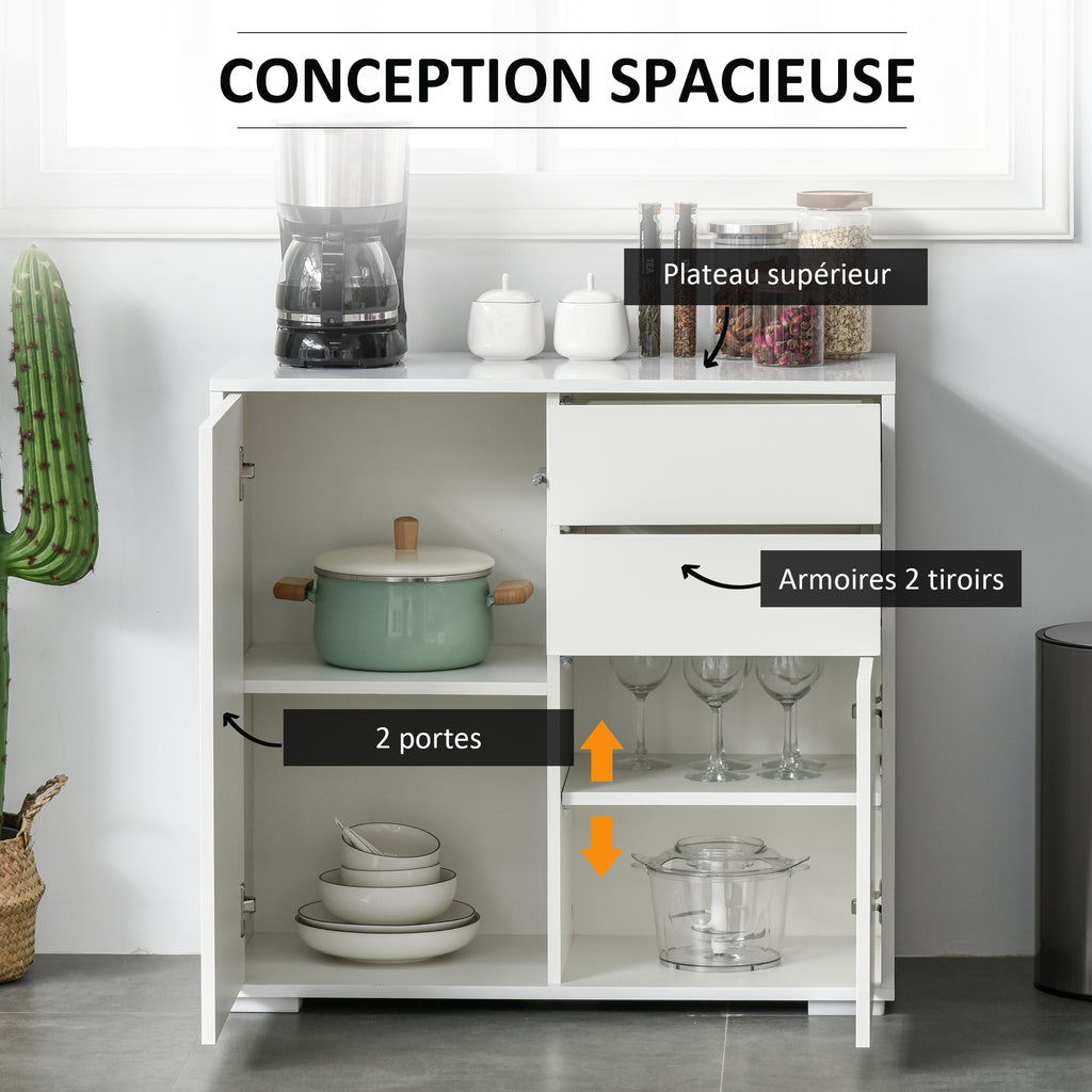 Meuble rangement buffet commode armoire 2 tiroirs 2 placards portes, étagères chambre, 79x36x74cm blanc-3