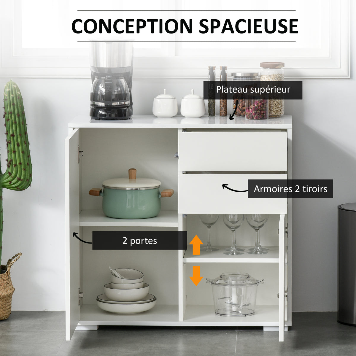 Meuble rangement buffet commode armoire 2 tiroirs 2 placards portes, étagères chambre, 79x36x74cm blanc-3