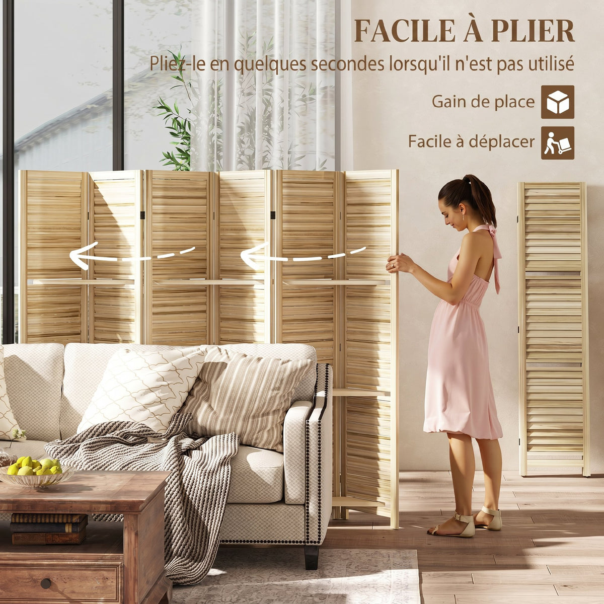 Paravent intérieur en bois 4 panneaux 160 x 170 cm, séparateur de pièce pliable 3 étagères, bois naturel effet brûlé-4