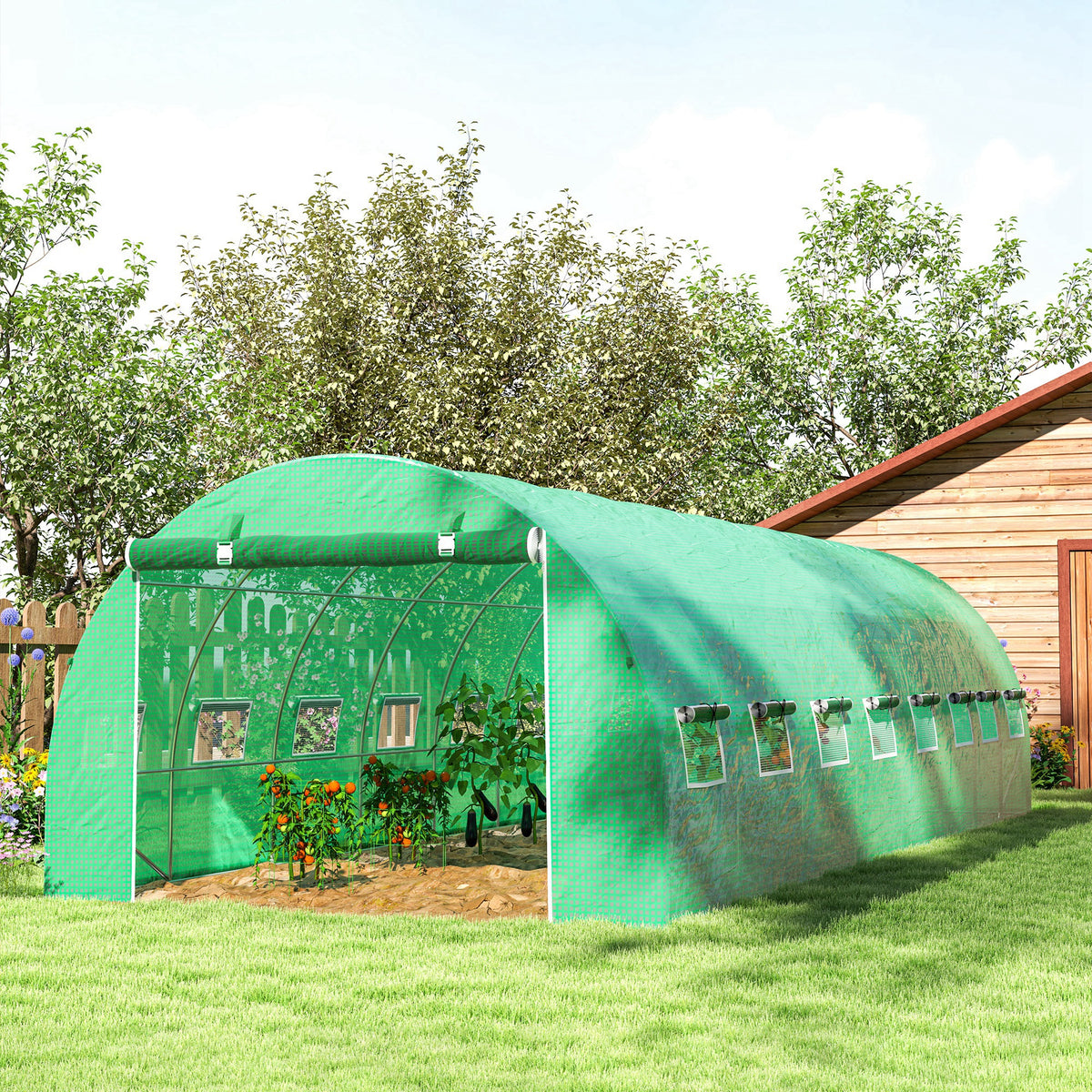 Serre de jardin tunnel 24m² 8L x 3l x 2H m - 16 fenêtres, Porte zippée enroulable acier galvanisé, bâche PE, Vert-9